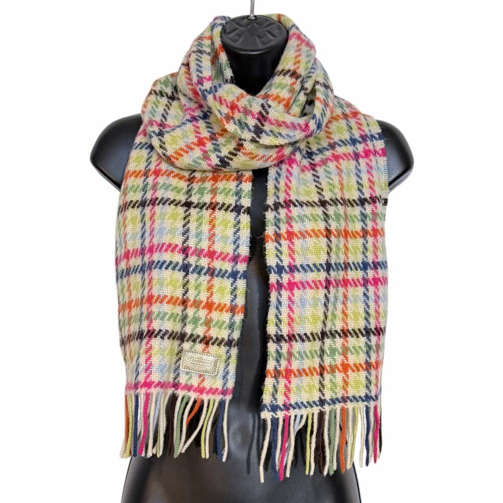 Coach Wool Cashmere Check Pattern Neck Muffler Scarf Multicolor Plaid Fringe